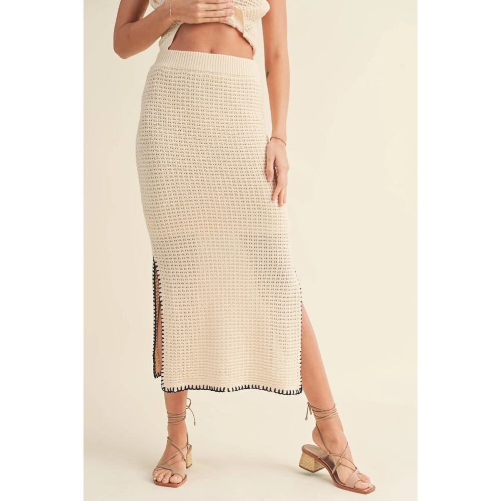 MIOU MUSE Crochet Knitted With Stitching Detail Skirt Side Slit Midi Beachy Sz S